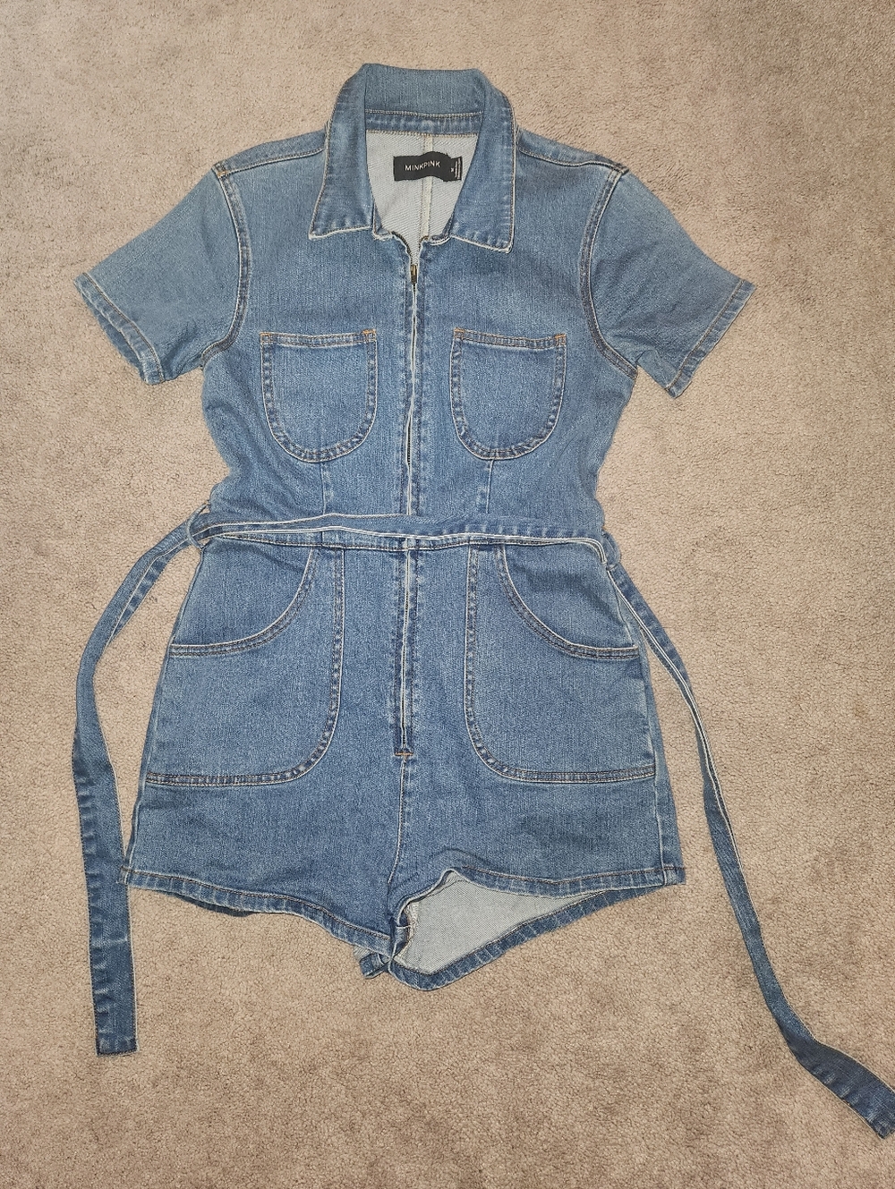 MINKPINK Vintage-Inspired Denim Short Romper with Belt